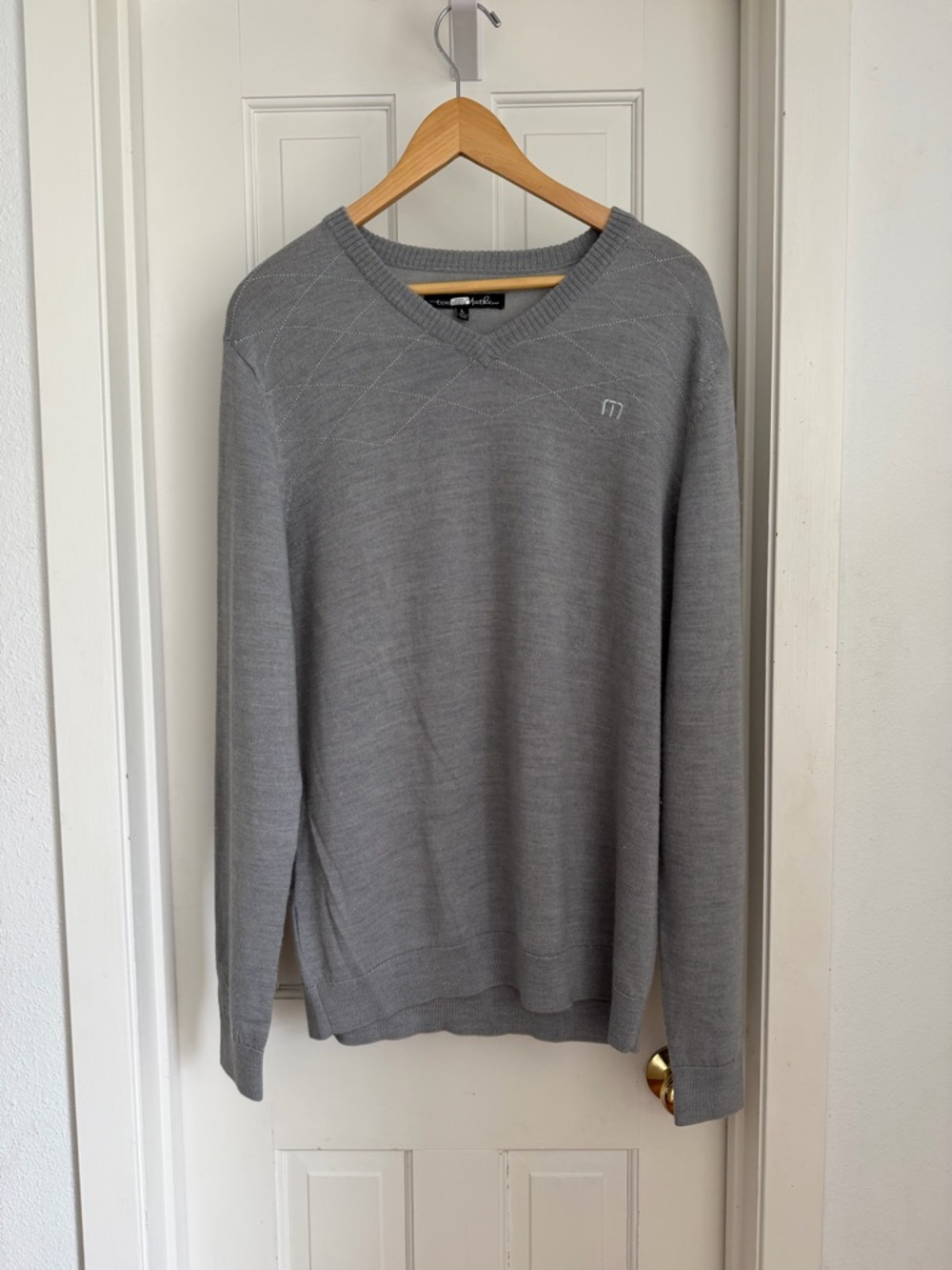 Travis Mathew Men's Gray V-Neck Sweater - Subtle Texture Merino Wool